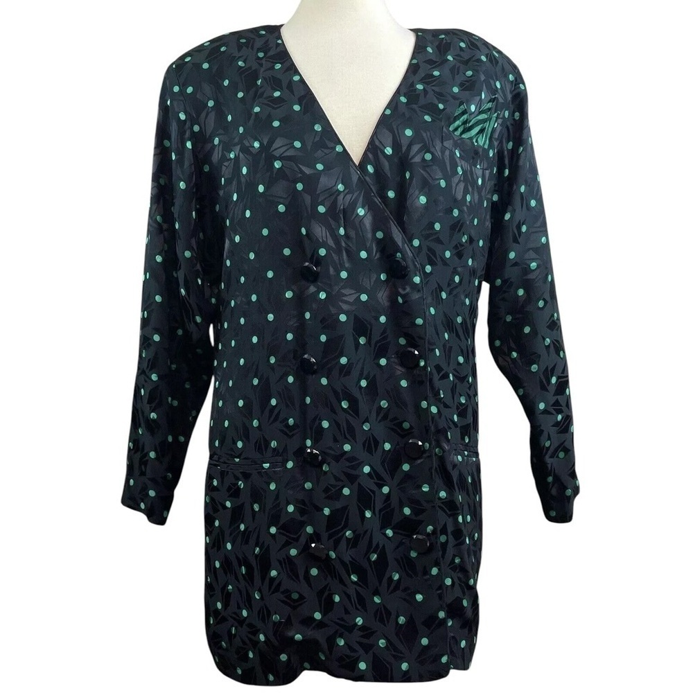Vtg AJ Bari Silk Polka Dot Buttoned Oversized 80s Jacket Black Green Size 16